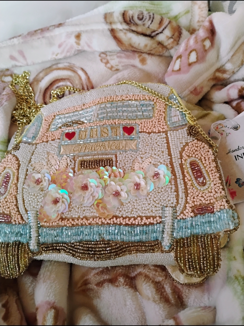 Adorable Old Time Car With Just Married Sign. Pink, Blues, Beaded Bag.